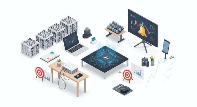 Isometric ai technology illustration computers charts and data visualization