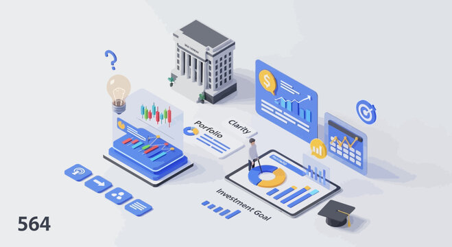 Isometric financial concept bank charts data visualization and investment