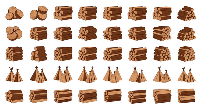 Collection of firewood stacks and small traditional teepees made of sticks on a white background for camping and outdoor fire concepts.