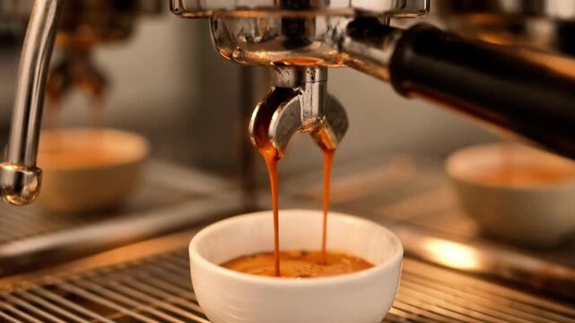 Close-up slow motion of espresso machine pouring rich coffee into white cup in a caf&eacute; setting.