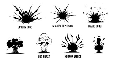 Set of 8 Halloween Themed Black Explosion and Burst Silhouettes with Spooky, Shadow, Magic, Fog, and Horror Effects © MSTSUFIA