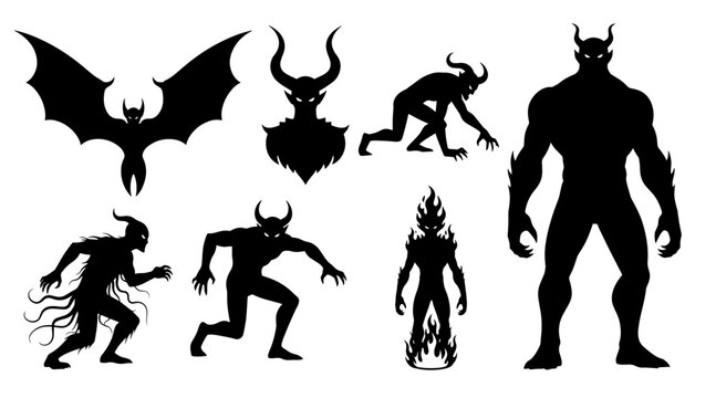 Set of Six Halloween Demon Silhouettes - Spooky Creatures with Horns, Wings, and Fire Elements