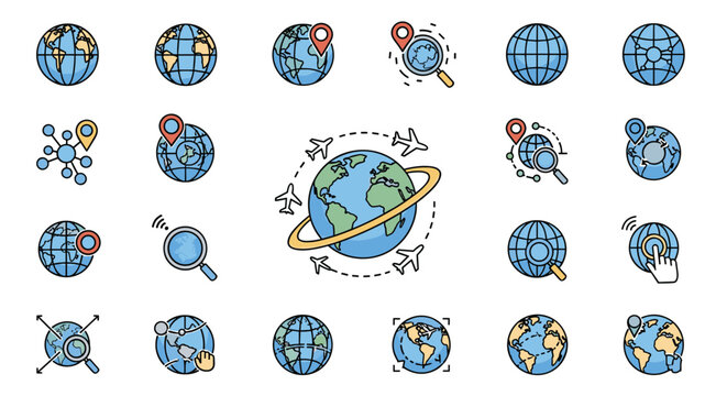Large set of globe and map location icons includes pins, airplanes, magnifying glasses, and navigation symbols for travel and global connection concepts.
