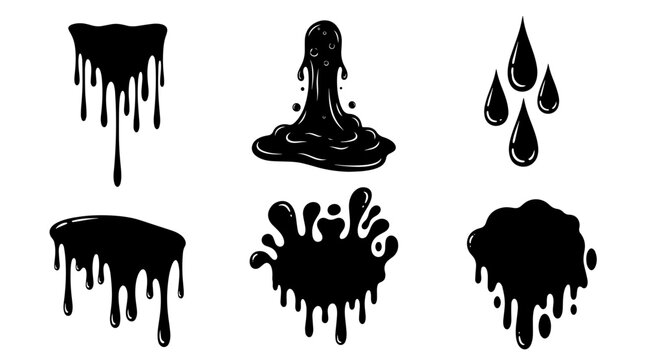 Set of 6 black liquid splatters, drips, and slime shapes, isolated on white background, Halloween theme