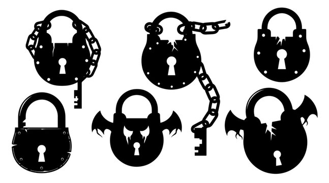 Set of Spooky Halloween Padlocks with Chains and Keys, Silhouette Graphics for Holiday Design