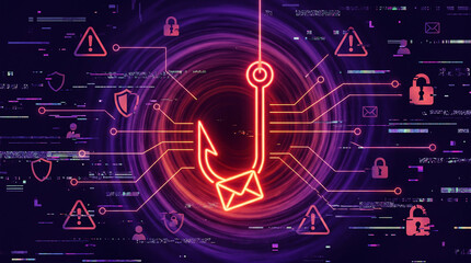 Fototapeta premium Cyber security phishing email attack concept with glowing neon fish hook and envelope icon representing digital data theft and fraud on dark background with glitch effects