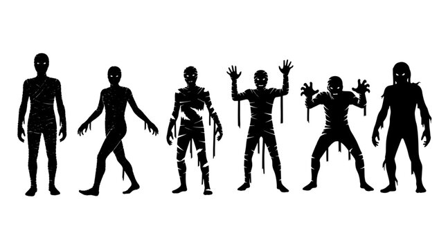 Set of 6 Halloween Mummy Silhouettes with Different Poses on White Background