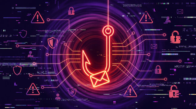 Cyber security phishing email attack concept with glowing neon fish hook and envelope icon representing digital data theft and fraud on dark background with glitch effects