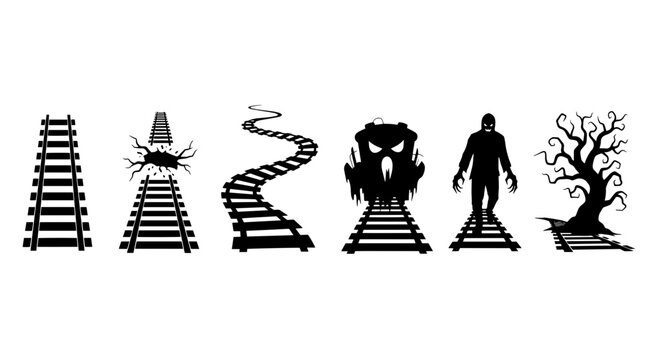 Halloween Railway Silhouettes: Ghost Train, Zombie, Spooky Tree, Cracked Tracks