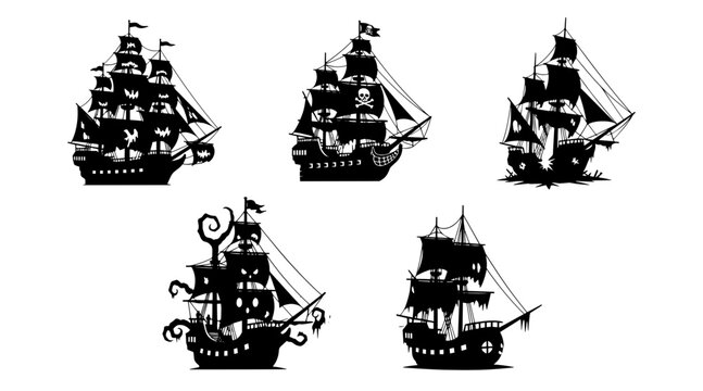 Set of Silhouetted Halloween Pirate Ships on White Background, Vector Art