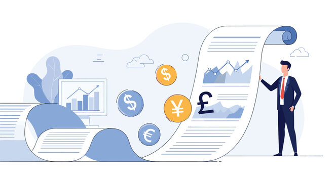 Professional businessman stands next to an exceptionally long financial report scroll with various currency symbols and growth graphs.