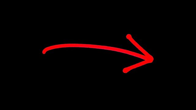 Hand-drawn red arrow animation, pointing right, curving movement, on a black background