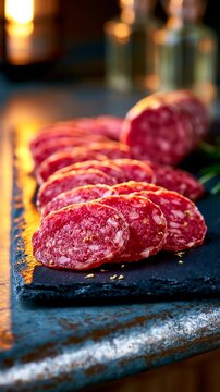 Sliced finocchiona igp meat on dark slate board in warm light