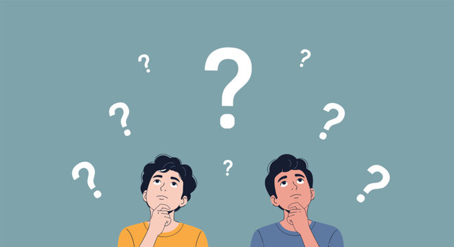 Two thoughtful young men look upward at floating white question marks while pondering a complex problem on a solid blue background.