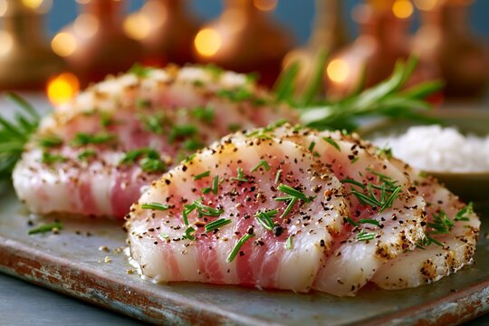 Thin slices of lardo di colonnata meat seasoned with rosemary