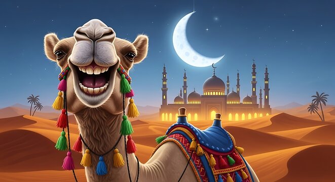 Smiling camel with saddle in desert city sunset