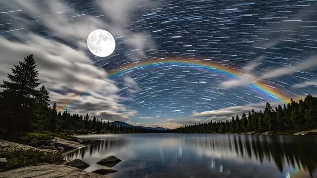 Night landscape featuring full moon rainbow and stars over lake