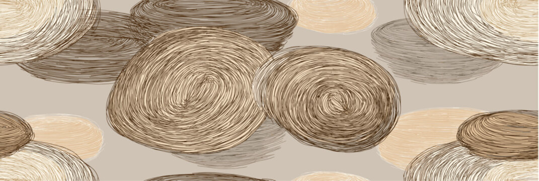 Abstract seamless repeat pattern with swirling circles in natural tones. Abstract seamless repeat pattern featuring swirling circular shapes over a linen texture background
