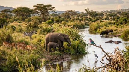 Obraz premium Elephants and zebras by a river with a bird and a heron.