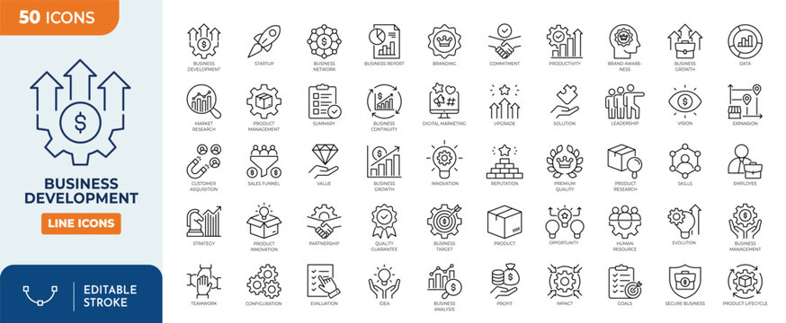 Business development icon set. Editable stroke. Vector illustration