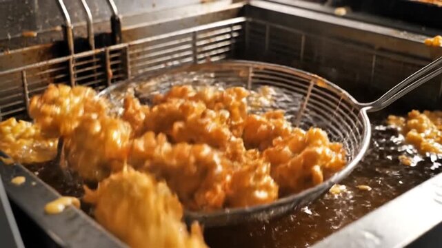 Close-up of food being deep-fried in hot oil in a commercial fryer.