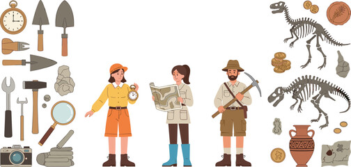 Archaeology Exploration Illustration with Tools, Fossils, and Adventurous Characters for Discovery and Excavation Themes © mstLilima