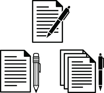 Document icon set featuring paper sheets with pens and pencils representing writing, editing, and compiling tasks for office concepts