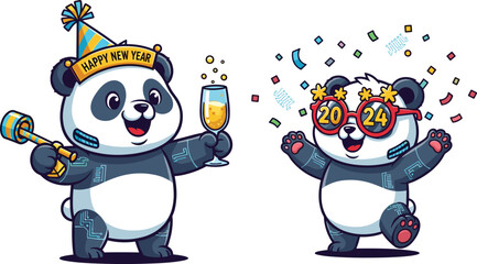 Cute cartoon panda celebrating New Year 2024 with champagne, confetti and party accessories festive vector illustration design © MDMuradul