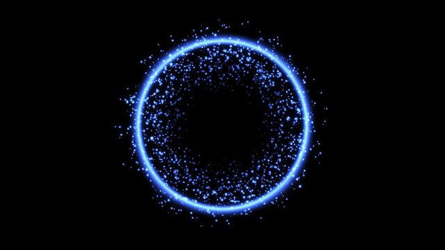 Electric Sapphire Dust Particles forming a Glowing Circular Aura on a Black Background, Dynamic Deep Blue energy motion, Professional Grade Overlay for modern Gaming and Technology intros. 4k video