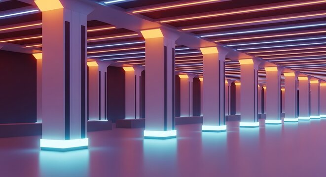 Illuminated underground architectural structure. Advanced technology and futuristic design. Empty hallway featuring symmetrical pillars glowing with orange and cyan neon lights