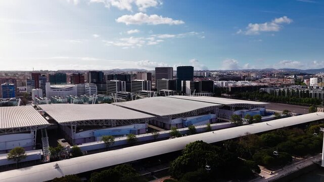 Aerial view of Parque das Nacoes skyline in Lisbon Portugal