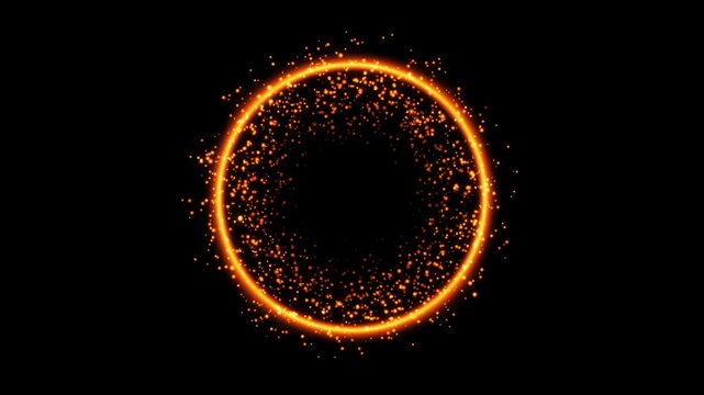 Glowing Golden Particle Ring exploding on a Black Background, Dynamic Fire Sparkles animation, Luxury Motion Graphics for celebration, Elegant Cinematic Visuals for Promo events. 4k video