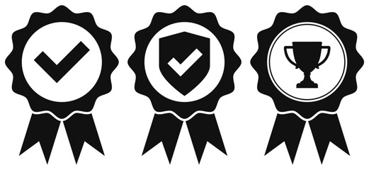 Fototapeta premium Set of black quality badges featuring checkmarks and trophy symbolizing victory and excellence perfect for product awards