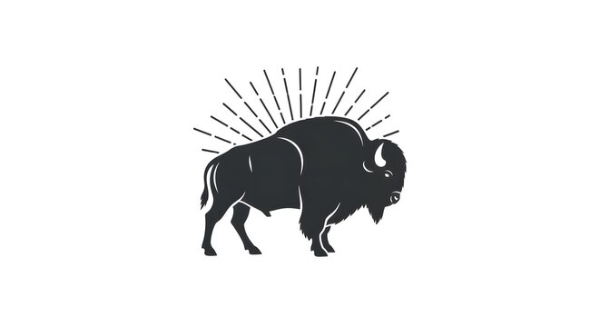 Vintage American Bison Silhouette with Radiating Sun Rays Emblem.