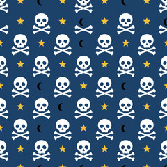 Fototapeta premium Halloween seamless pattern featuring white skulls and crossbones, yellow stars, and black crescent moons on a dark navy blue background for festive fabric and digital designs.