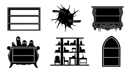 halloween spooky icons set with haunted house spider web coffin bookshelf and gothic door © MDSHOFIULAZAM