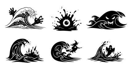 Fototapeta premium halloween wave set with spooky ocean creatures and black ink splash effects