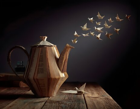 A teacup and saucer are perfectly balanced on top of a stack of impossible objects