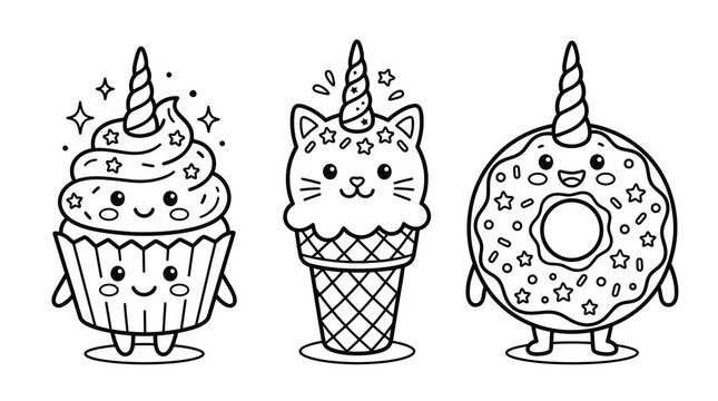 Charming kawaii unicorn treats a black and white collection of sweet delights