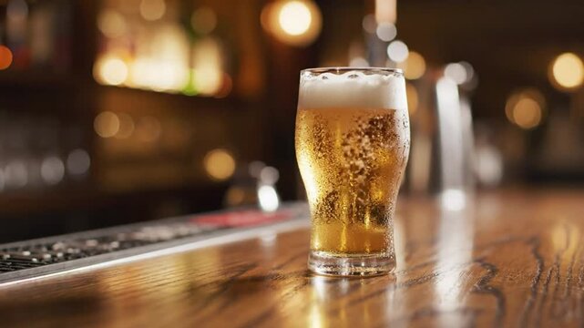 Bartender serving a chilled glass of light beer on a wooden bar in a dimly lit pub with blurred background lights