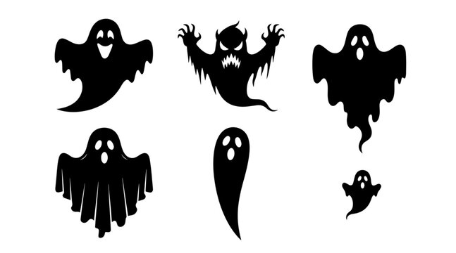 Collection of Six Spooky Halloween Ghost Silhouettes on White Background, Cartoon Style
