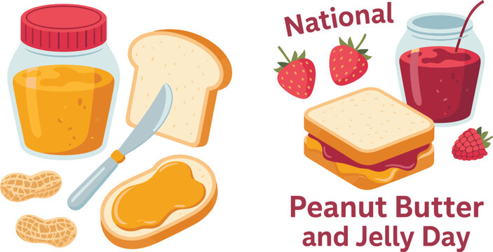 Peanut Butter and Jelly Sandwich with Jars of Peanut Butter, Jelly, Bread, and Peanuts for National Peanut Butter and Jelly Day