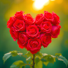 Fototapeta premium Heart-shaped arrangement of red roses with blurred green background 