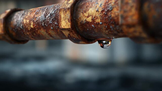 Rusty pipe dripping water close up concept for industrial, A close-up of a rusty pipe with a single drop of oil clinging to its surface