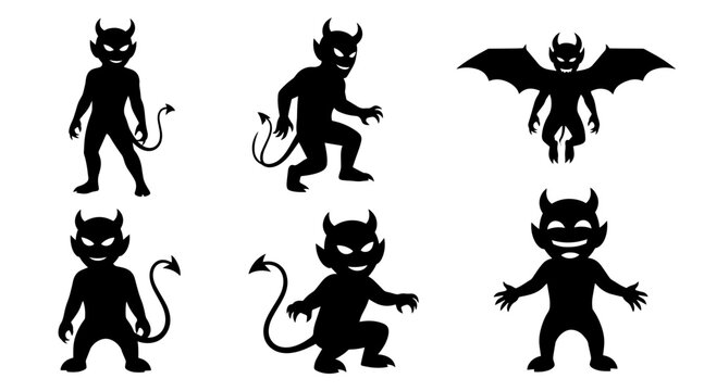Halloween Silhouettes: Collection of Six Devil Characters with Horns and Tails in Various Poses