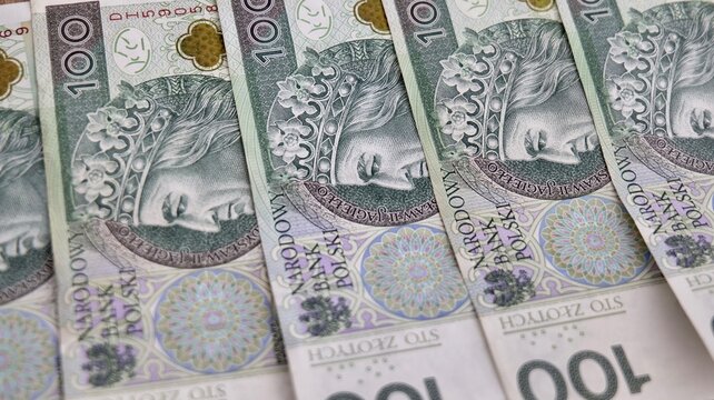 Close-up of Polish 100 zloty banknotes, national currency of Poland