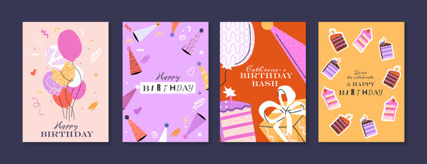 Set of lovely birthday cards design with cake, balloons and typography design. Abstract universal grunge artistic templates. For poster, business card, invitation, flyer, banner, email header  © AnChem07