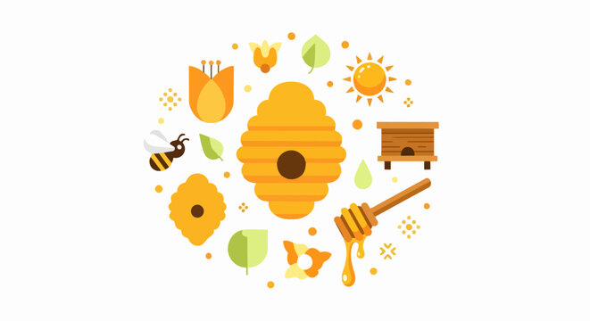 Honey Beekeeping Flat Vector Illustration Set Featuring Beehives, Honey Dipper, Bee, Flowers, and Sun Elements for Organic Food Branding and Nature Design