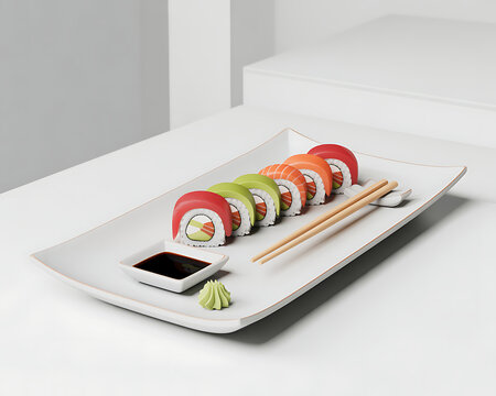 California Roll Sushi Platter with Chopsticks, Soy Sauce, and Wasabi on a White Plate maki rice