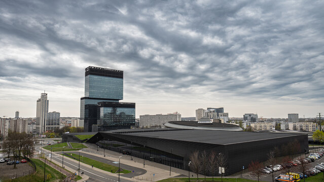 Katowice 24.04.2026 Poland, Katowice City Skyline with Modern Office Towers and Spodek Arena & KTW skyscraper